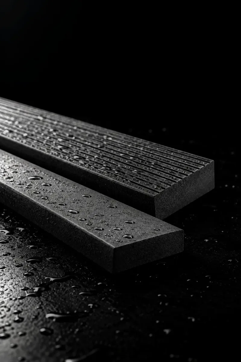 Deska ryflowana i gładka z ekokompozytu EKOFORME, pokryte kroplami wody
